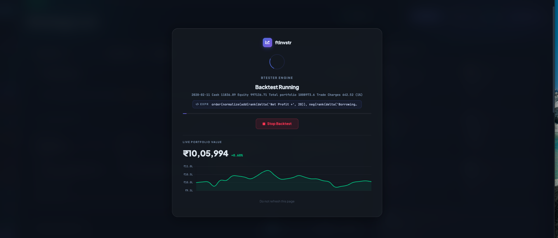 Backtest in progress with live equity curve